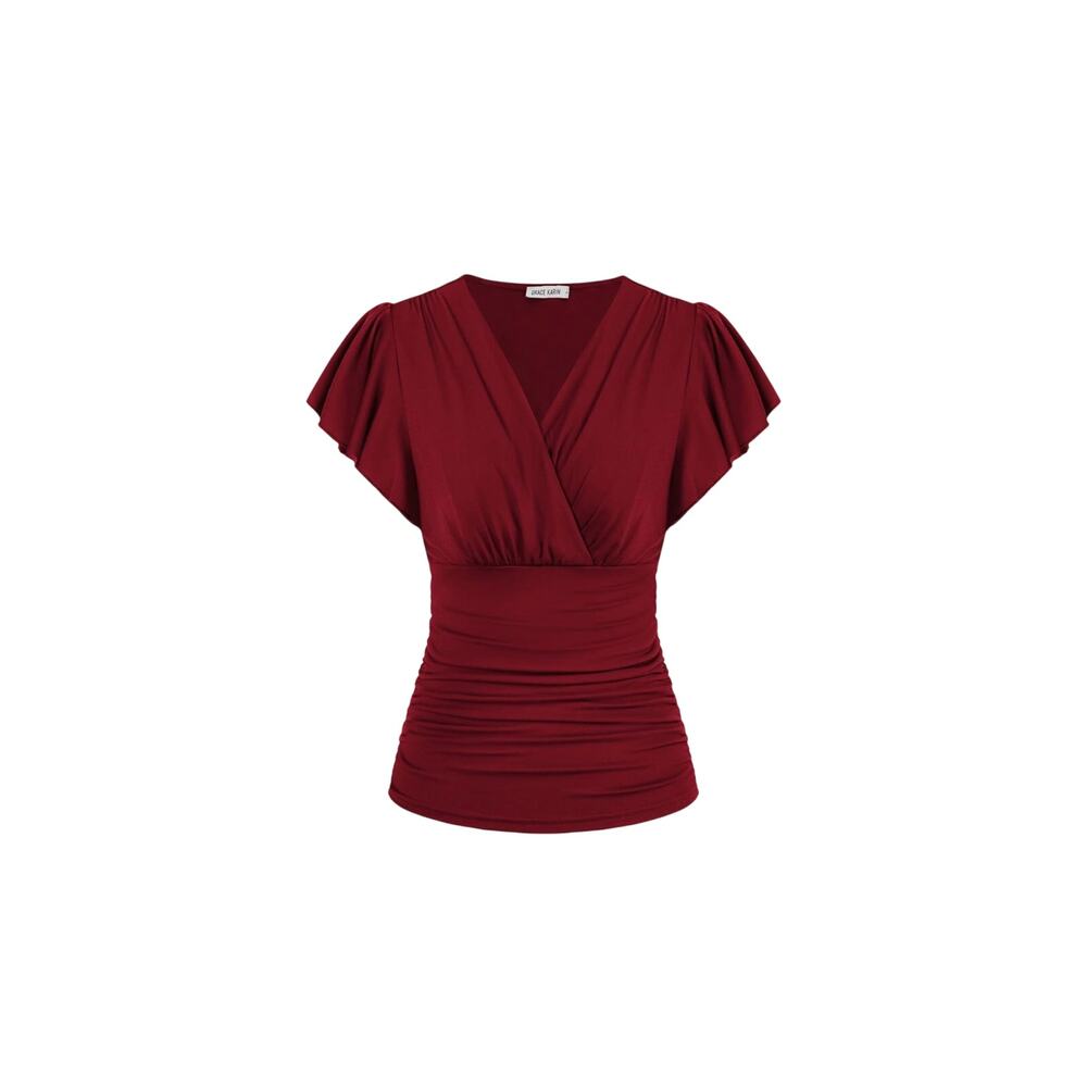 GRACE KARIN 2025 Womens Tops Small winered Wrap Blouse V Neck Ruffle Sleeve NWT